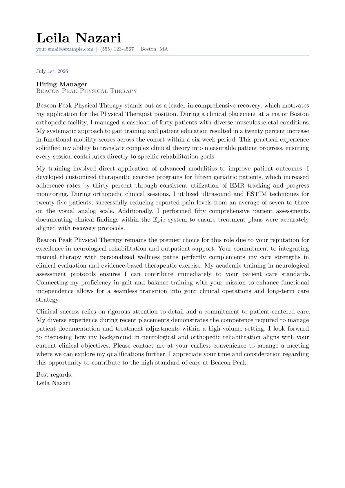 Physical Therapy cover letter in the Classic design