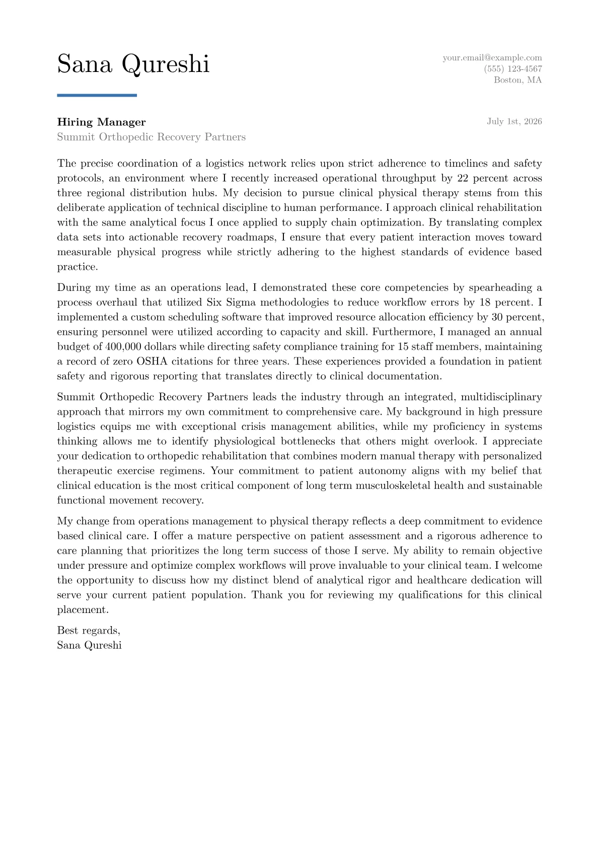 Physical Therapy Student cover letter in the Executive design