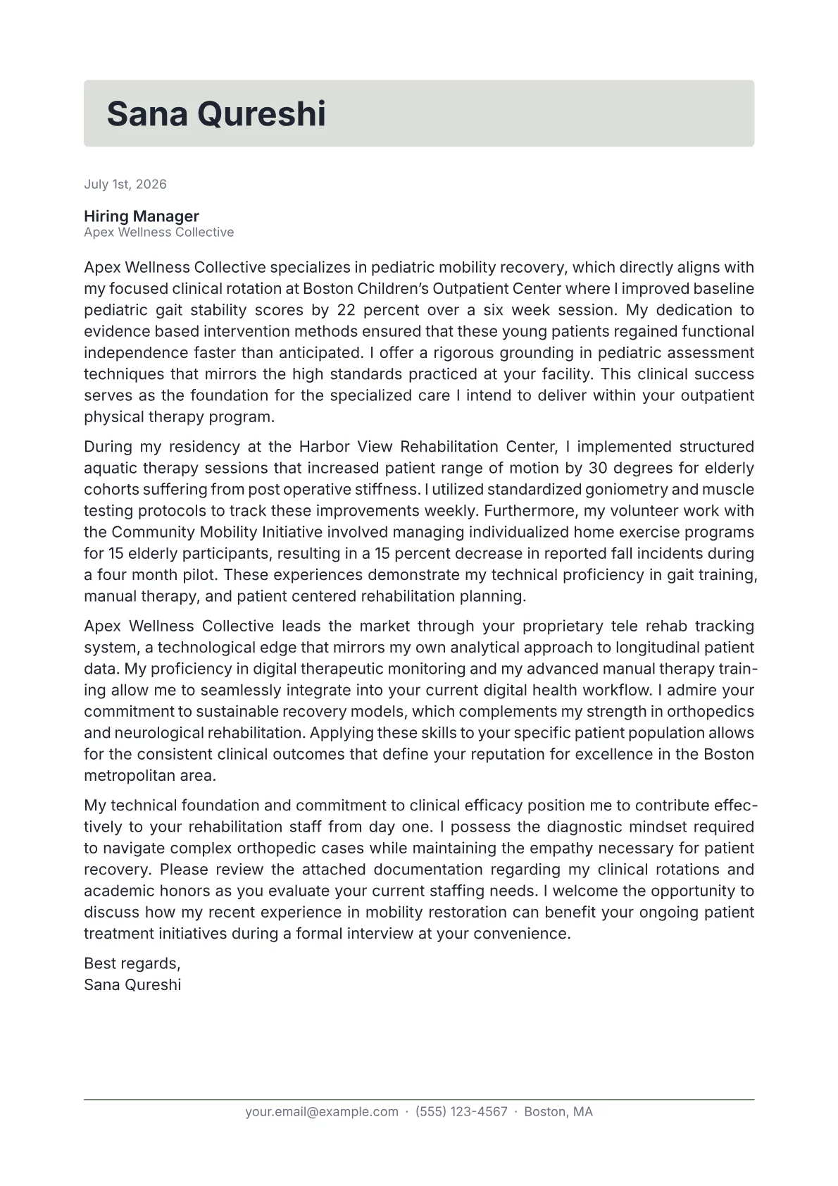 Physical Therapy Student cover letter in the Letterhead design