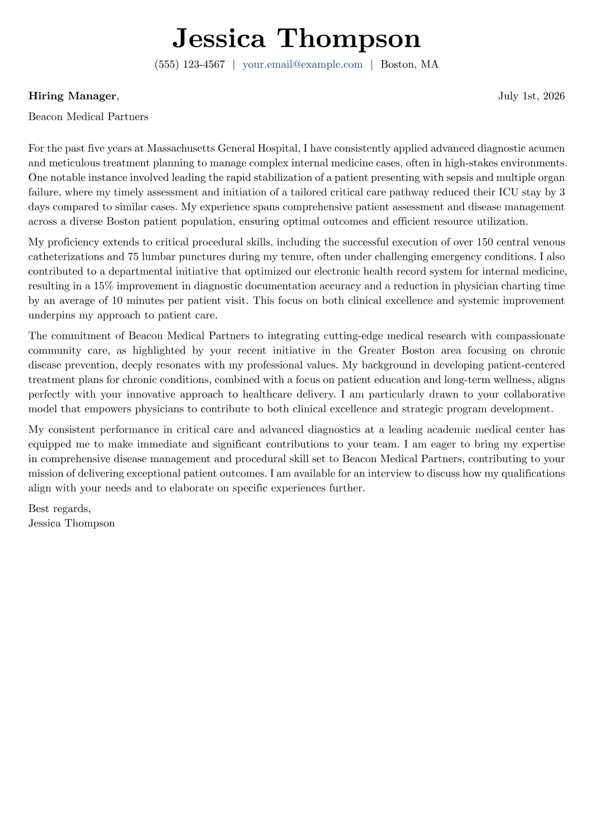 Physician cover letter formatted with a JobSprout template