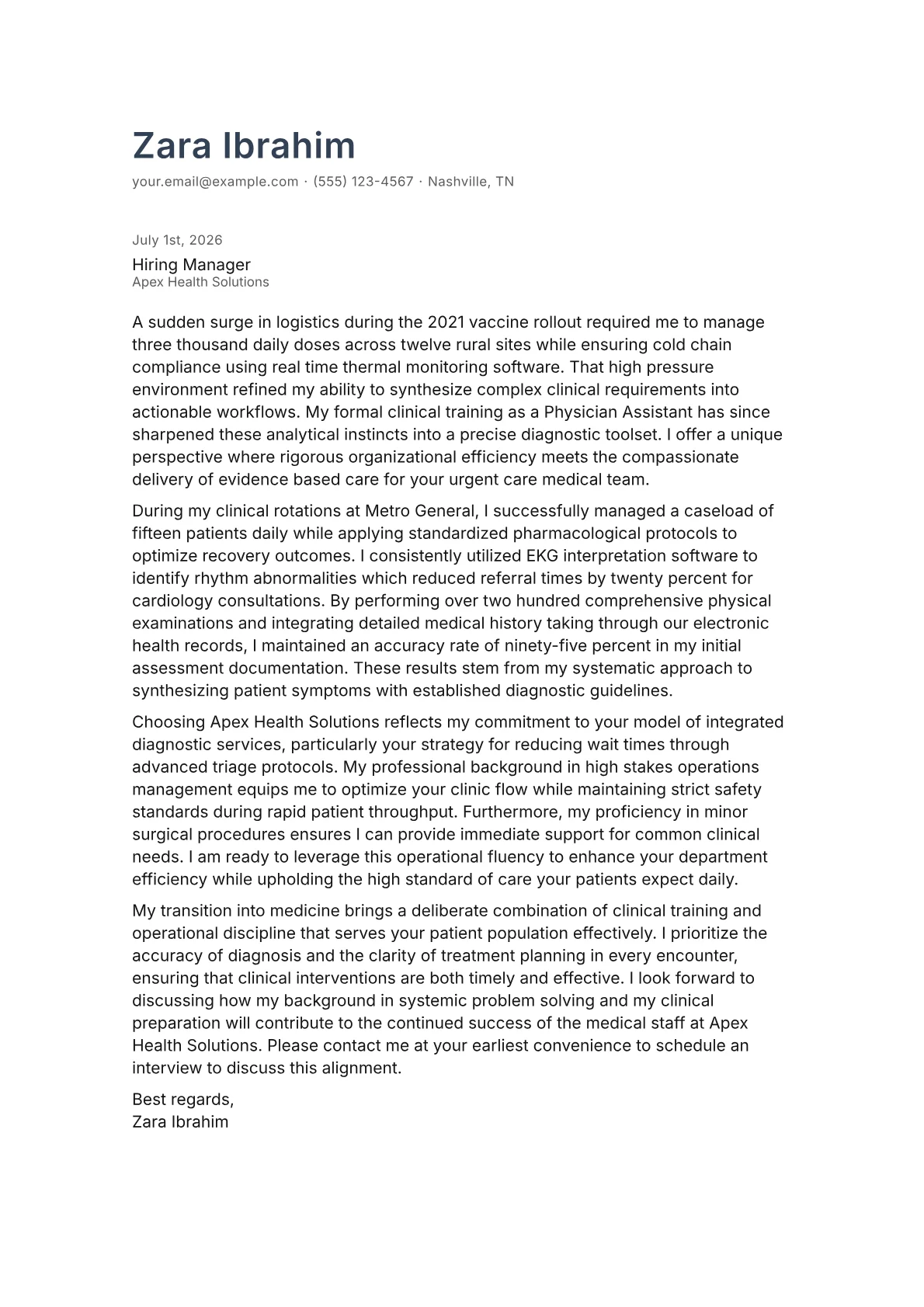 Physician Assistant cover letter in the Minimal design
