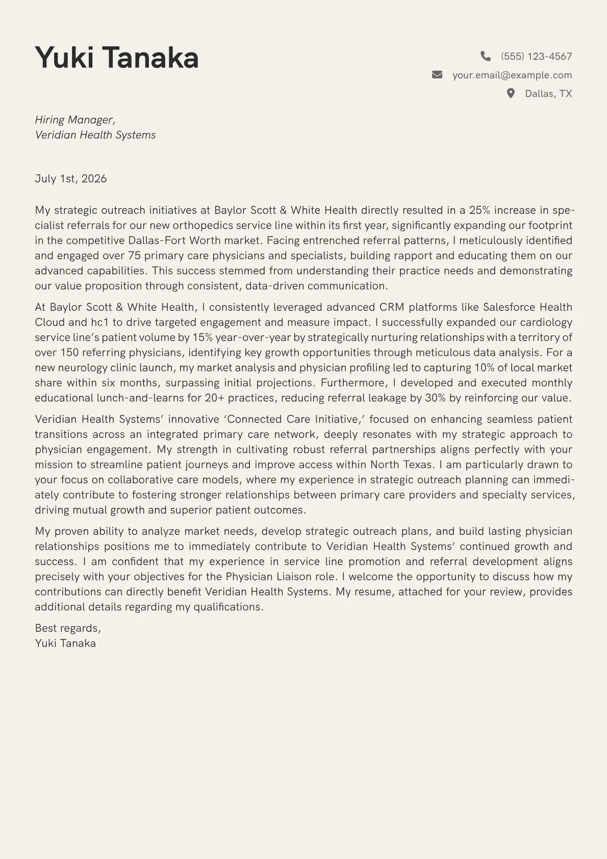Physician Liaison cover letter formatted with a JobSprout template