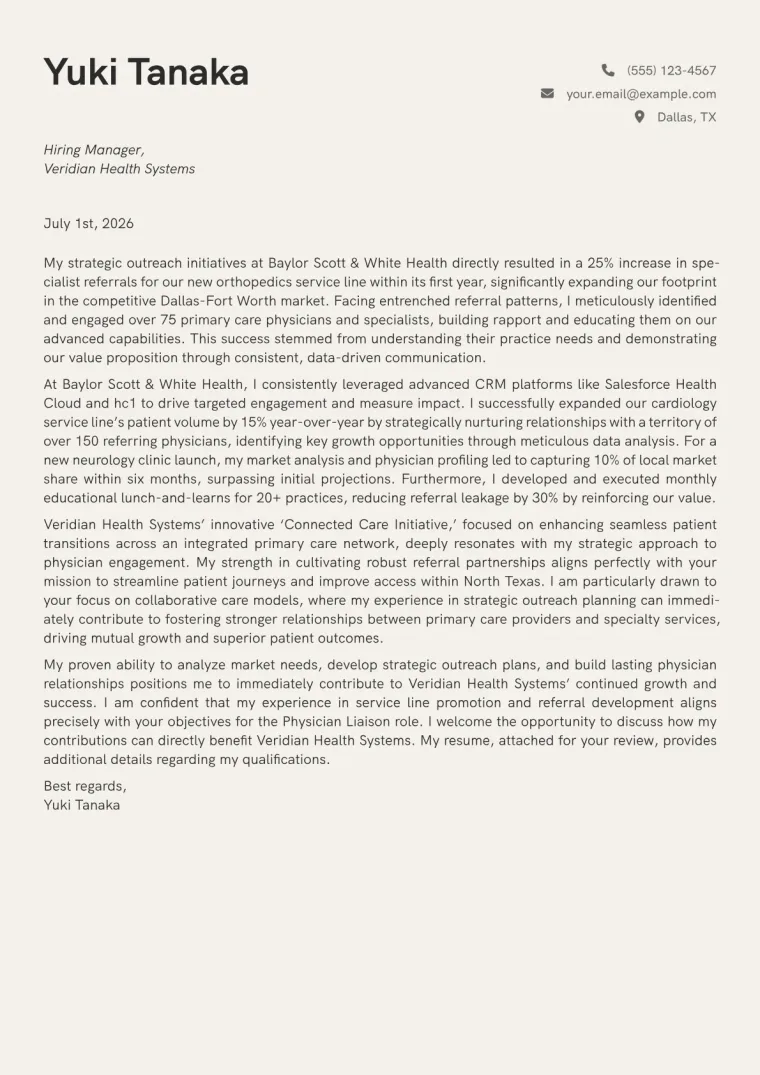 Physician Liaison cover letter example preview