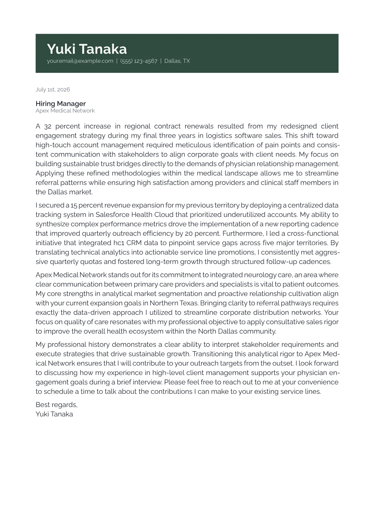 Physician Liaison cover letter in the Banner design