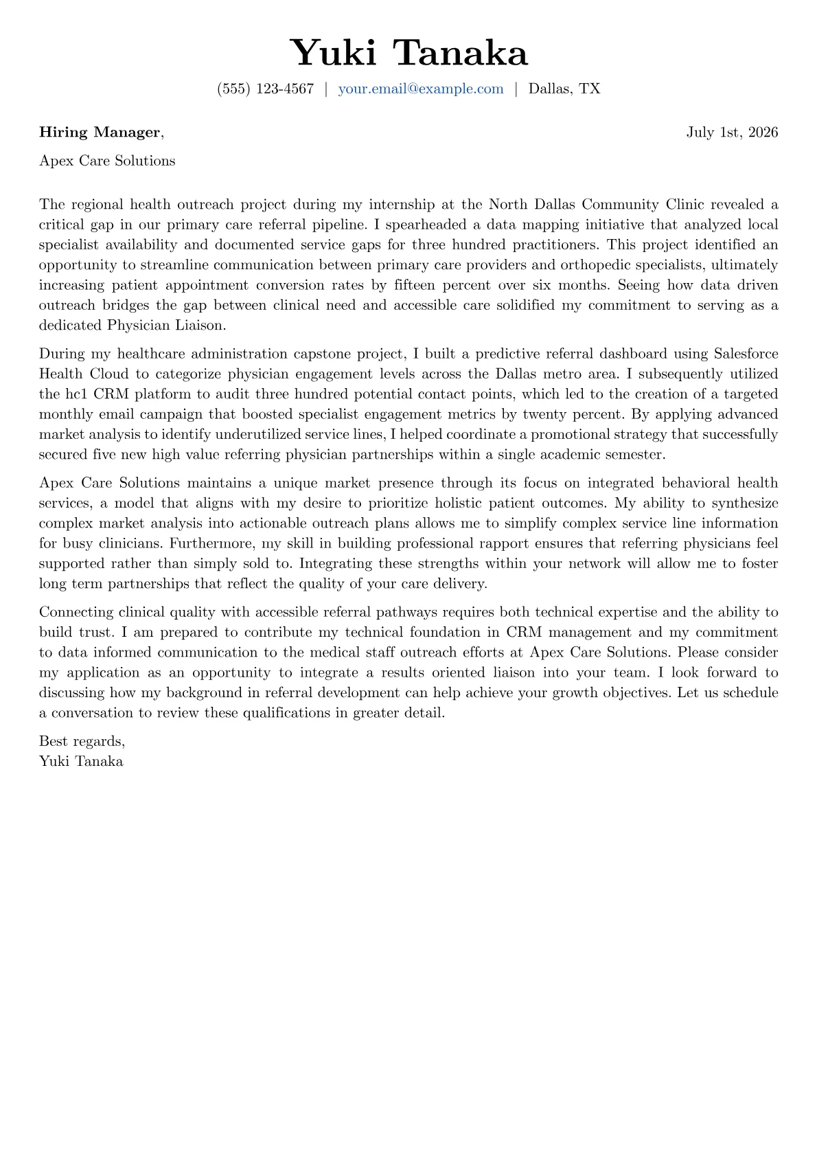 Physician Liaison cover letter in the Basic design