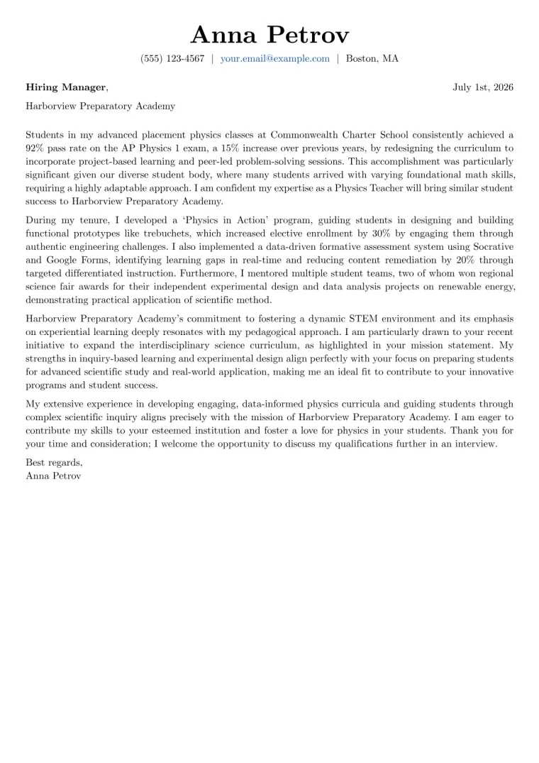 Physics Teacher cover letter example preview