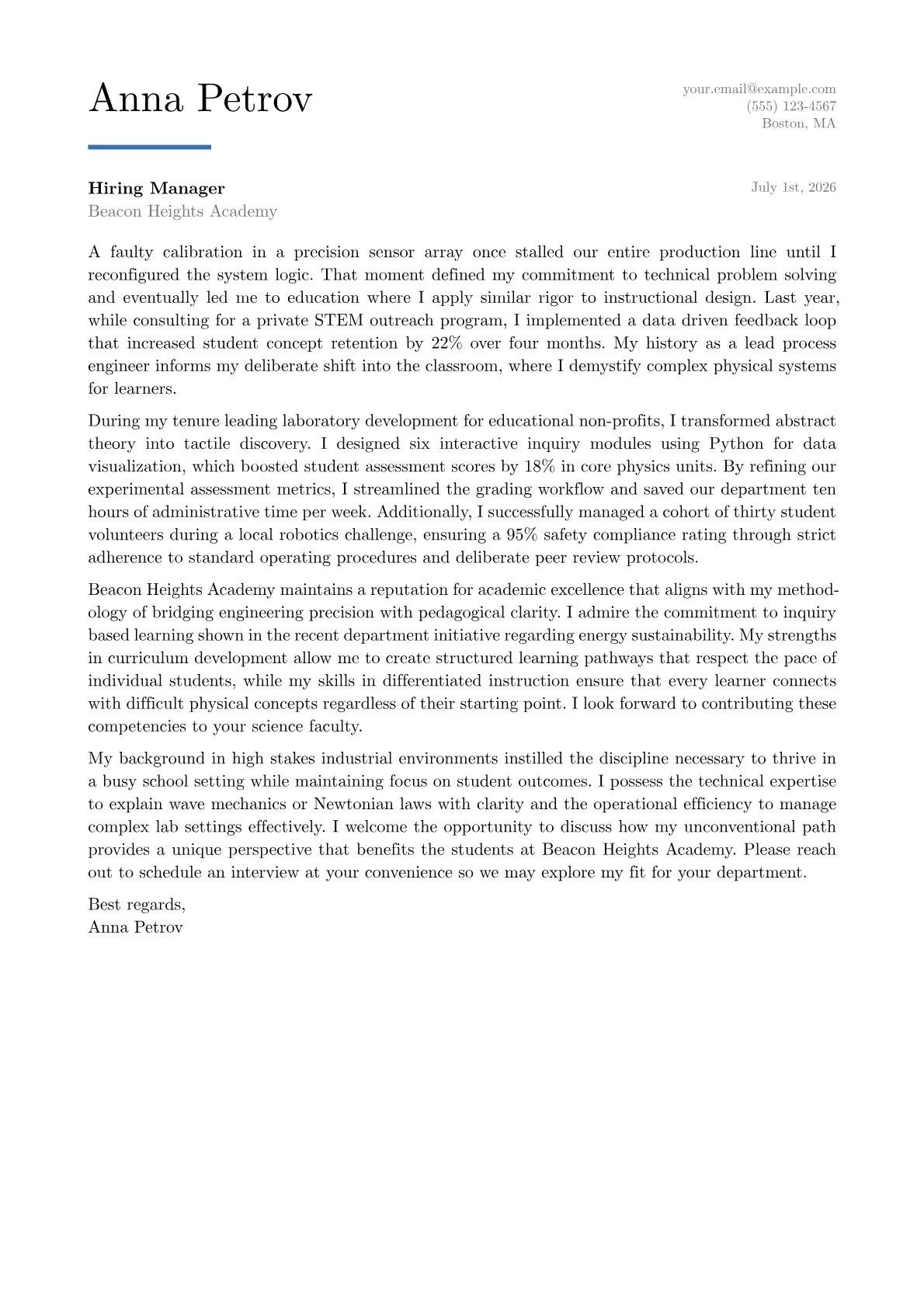 Physics Teacher cover letter in the Executive design