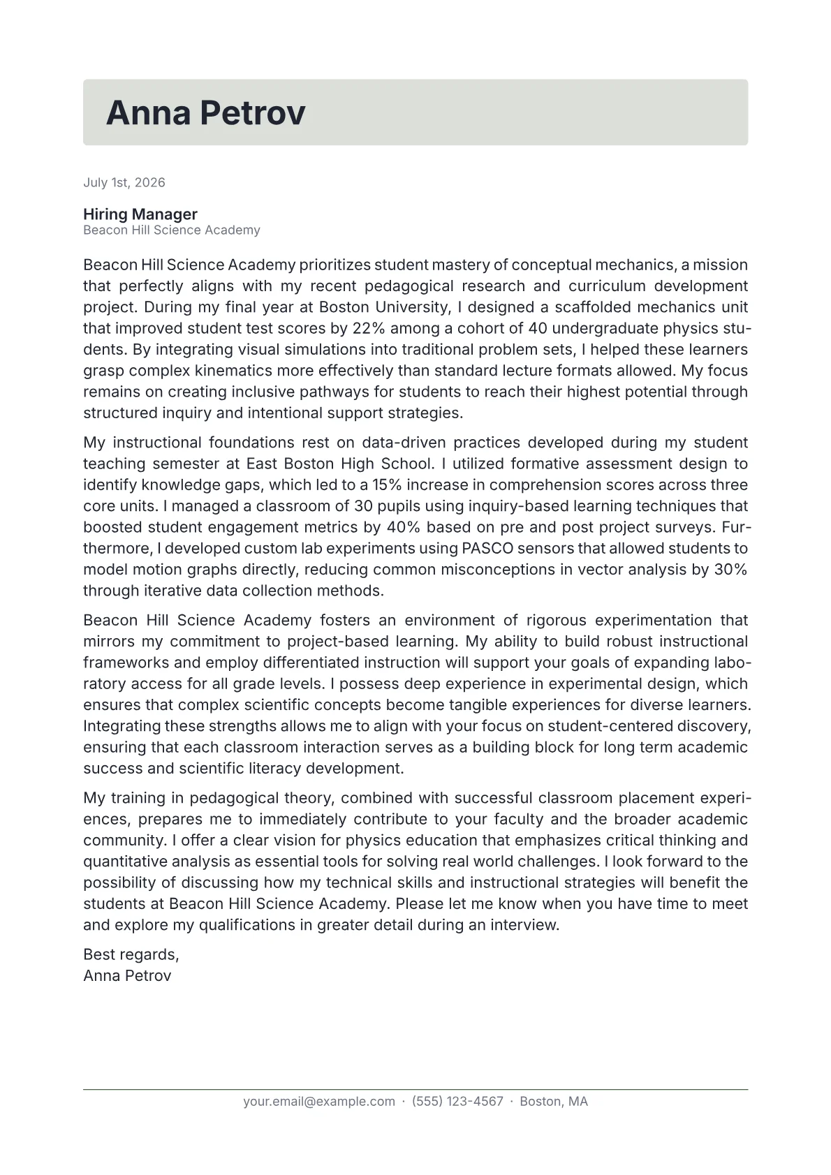 Physics Teacher cover letter in the Letterhead design