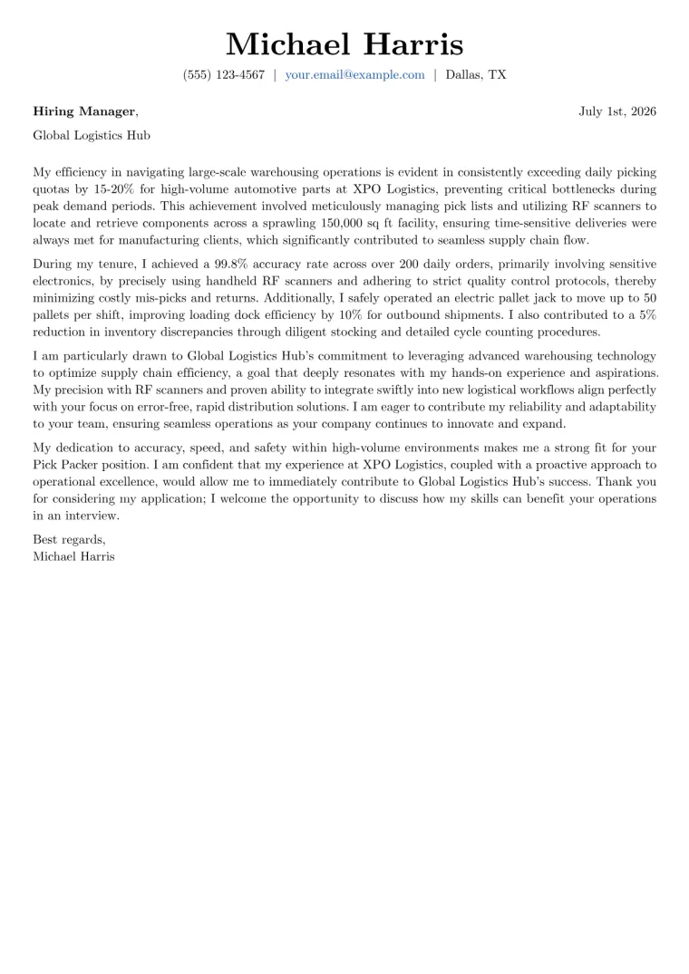 Pick Packer Cover Letter Example