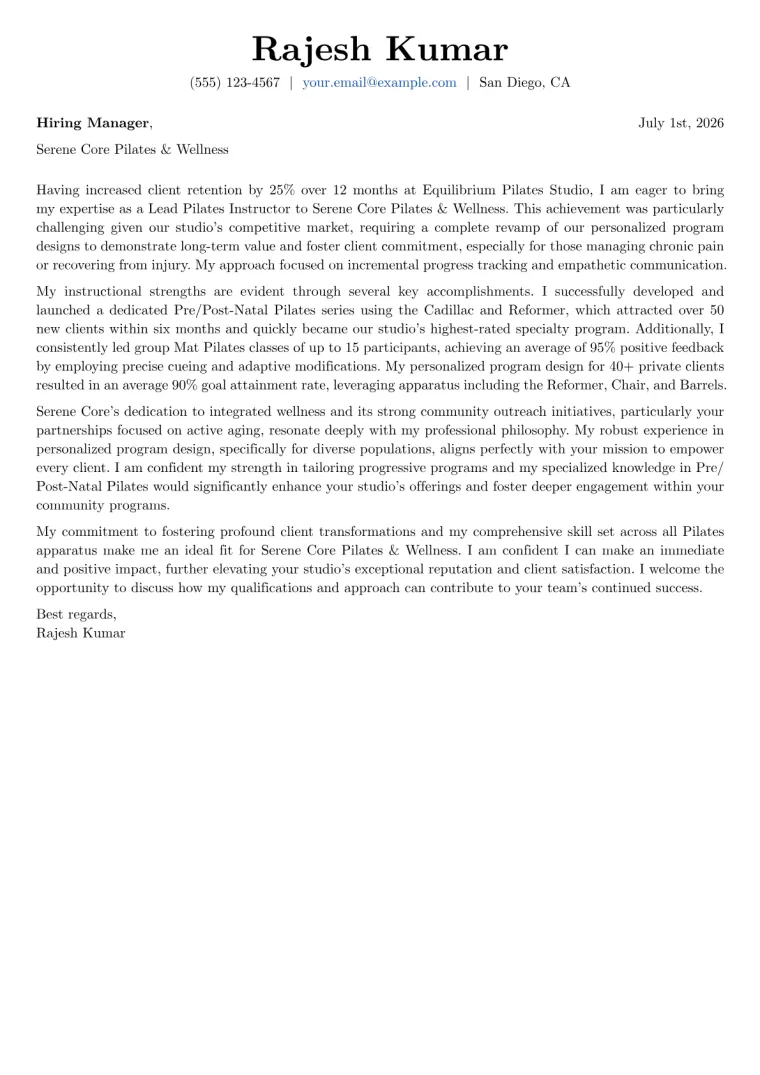 Pilates Instructor Cover Letter Example