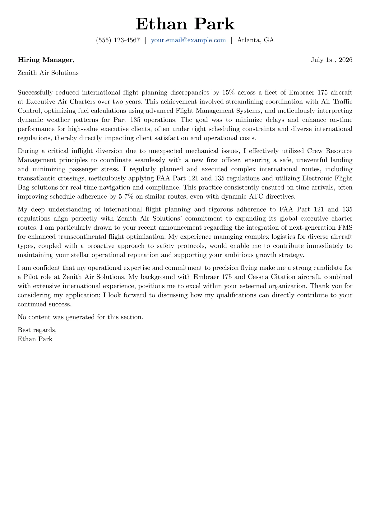 Pilot cover letter formatted with a JobSprout template