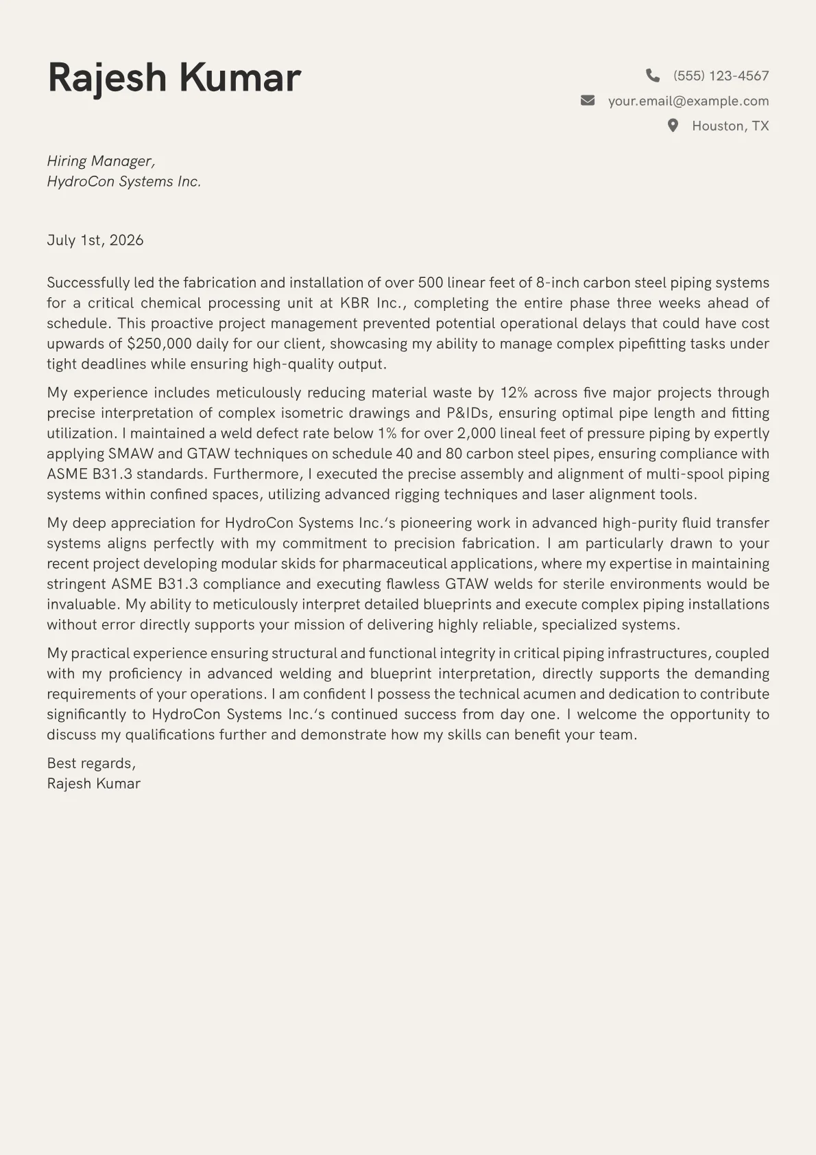 Pipefitter cover letter formatted with a JobSprout template