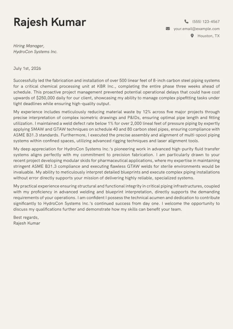 Pipefitter Cover Letter Example