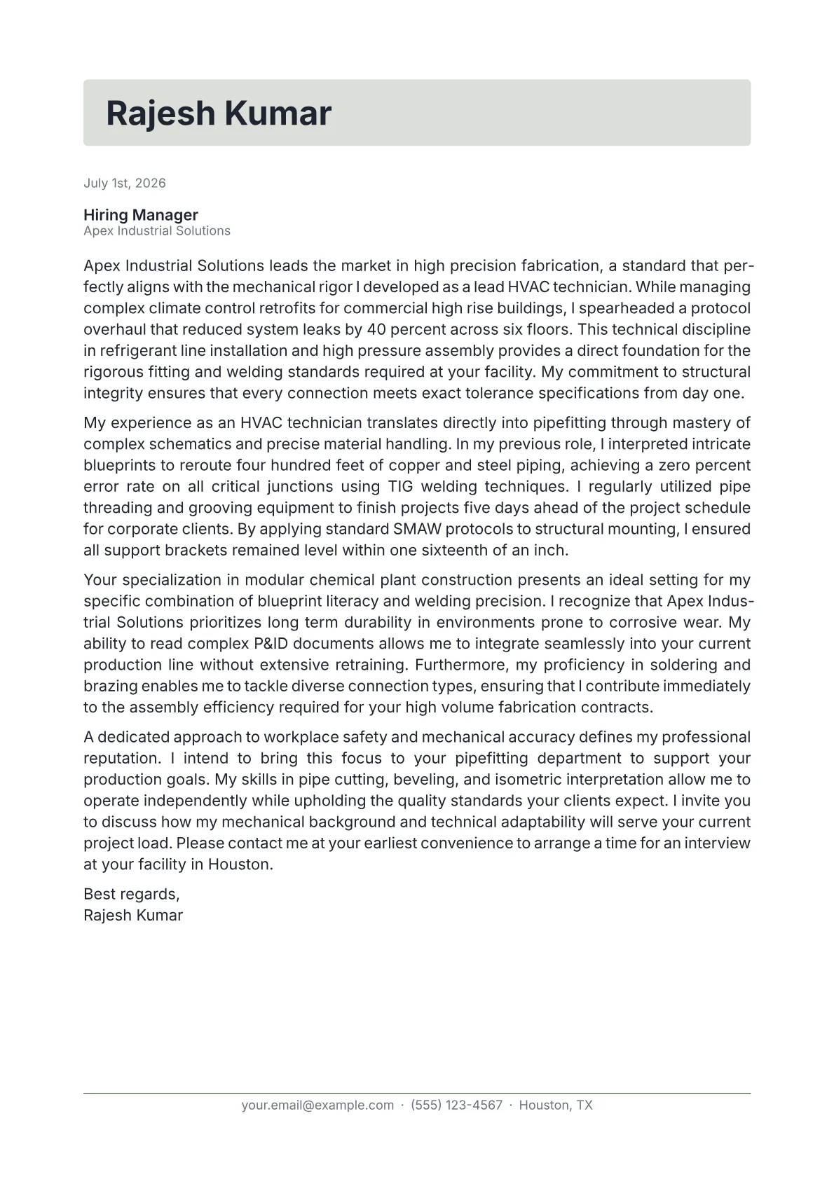 Pipefitter cover letter in the Letterhead design