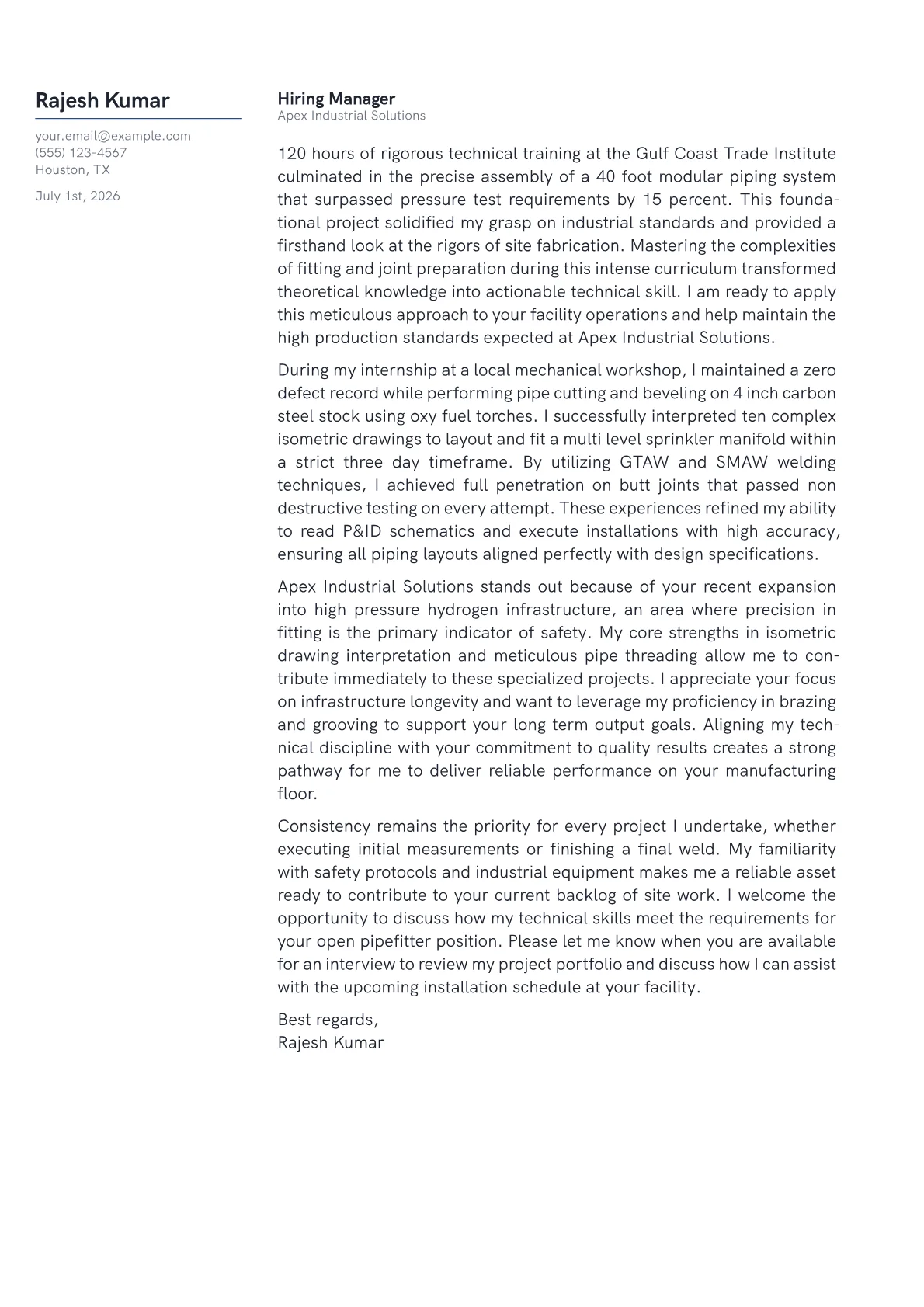 Pipefitter cover letter in the Margin design