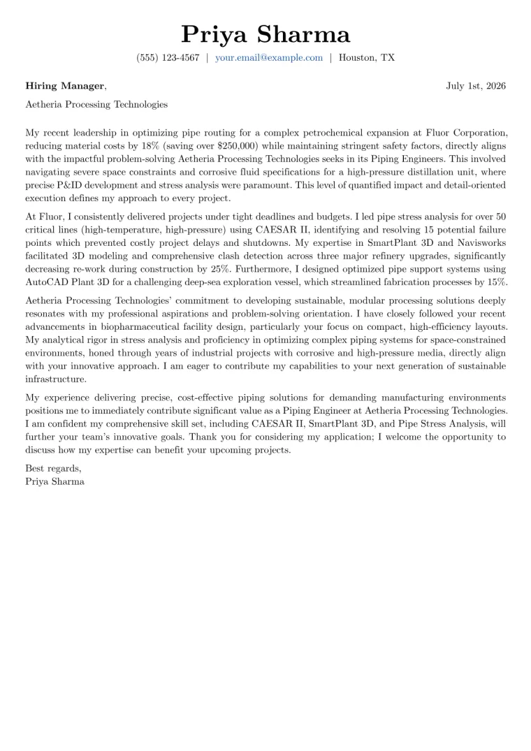Piping Engineer cover letter example preview