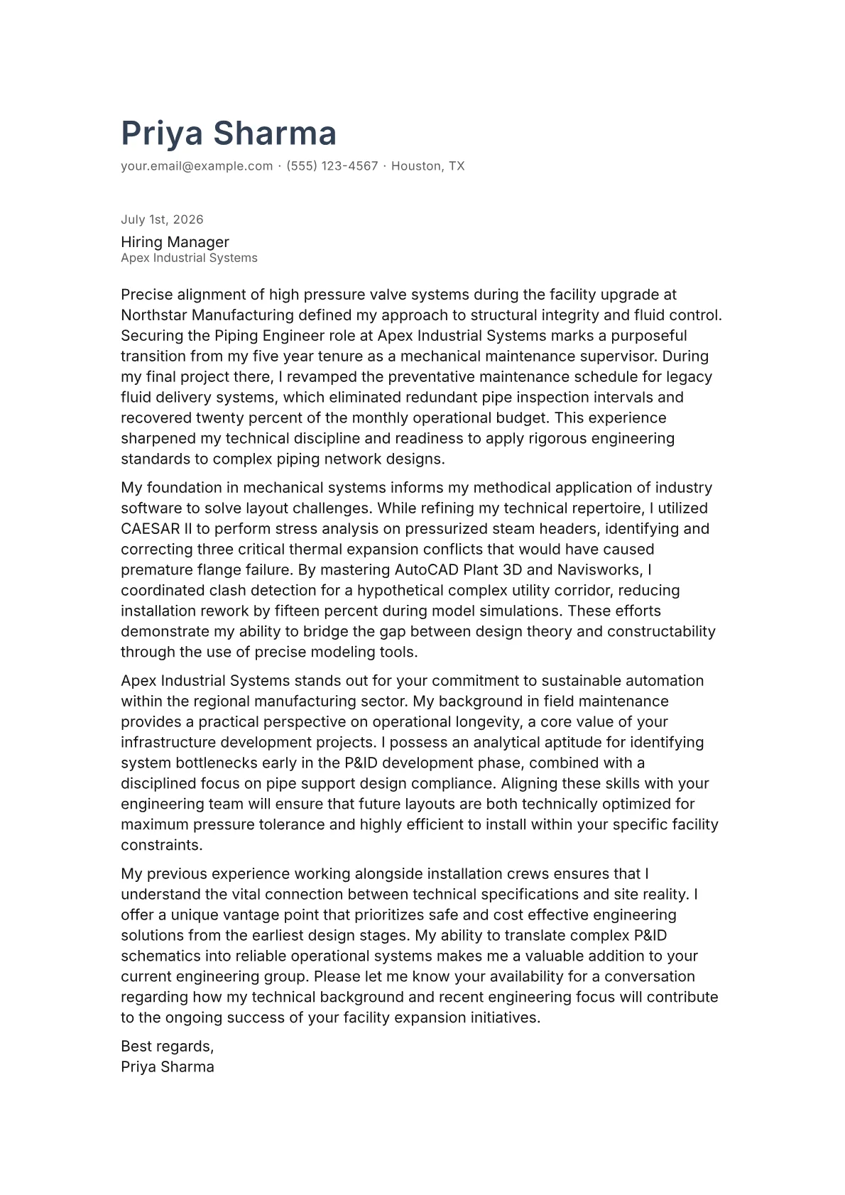 Piping Engineer cover letter in the Minimal design