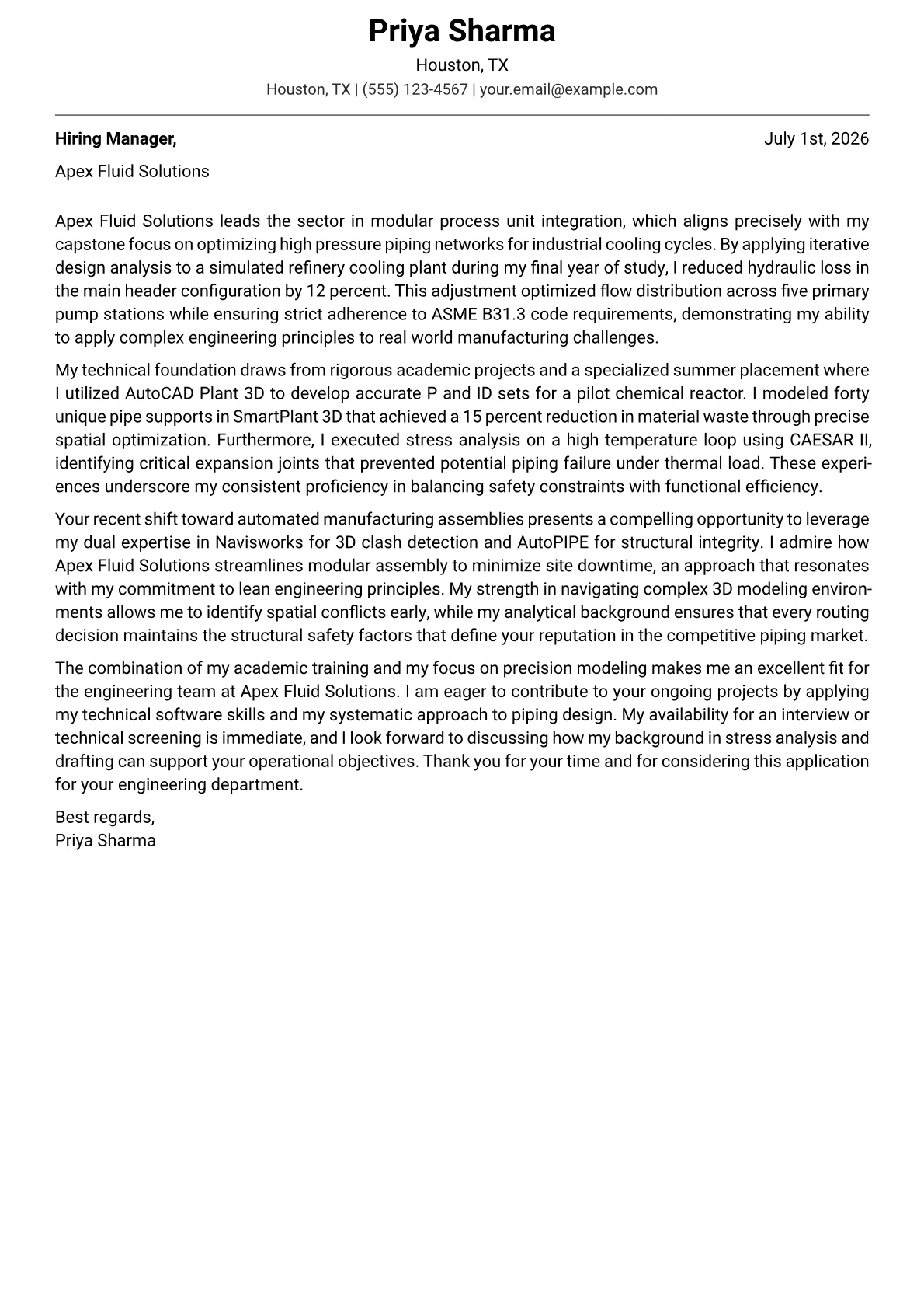 Piping Engineer cover letter in the Modern design