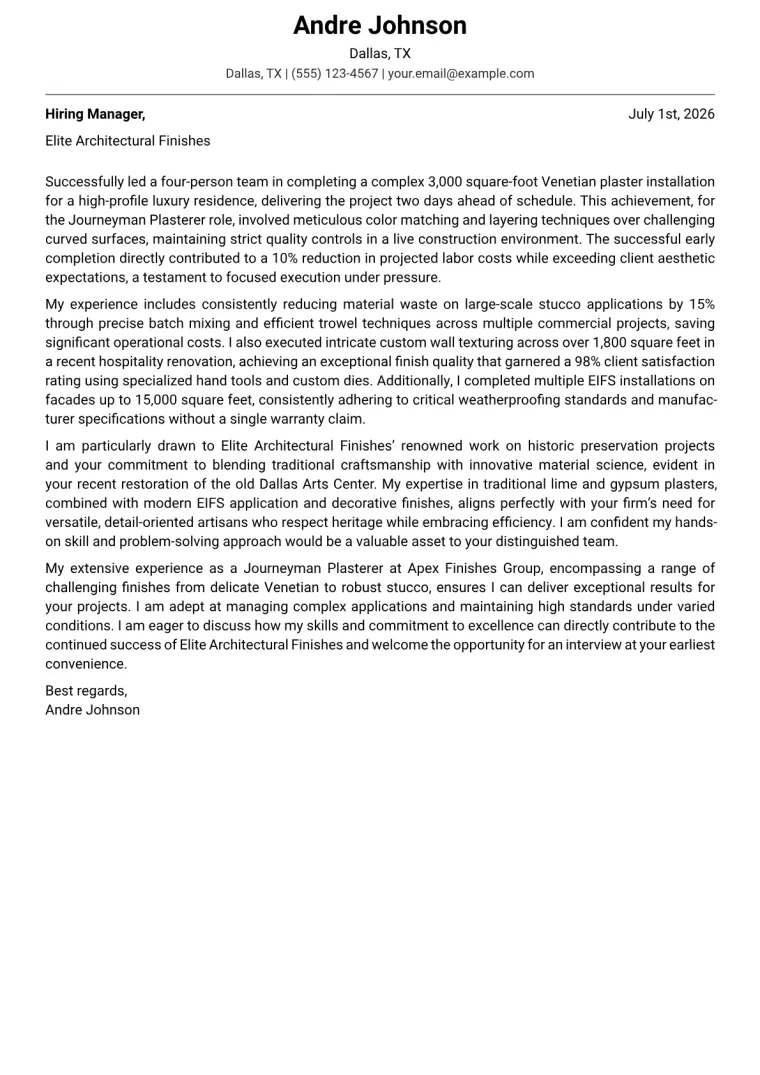 Plasterer Cover Letter Example