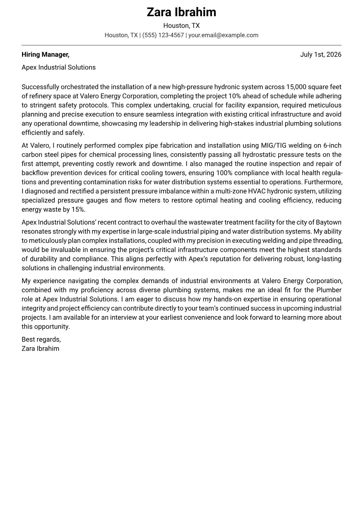 Plumber cover letter formatted with a JobSprout template