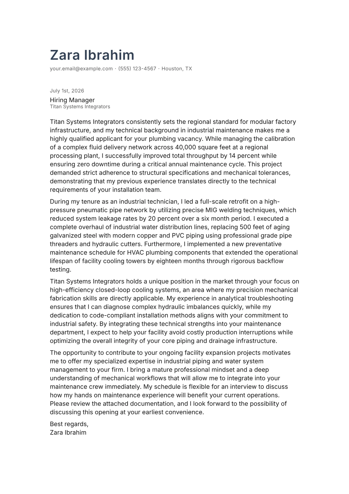 Plumber cover letter in the Minimal design
