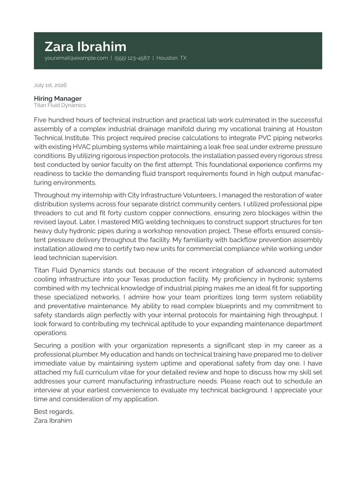 Plumber cover letter in the Banner design