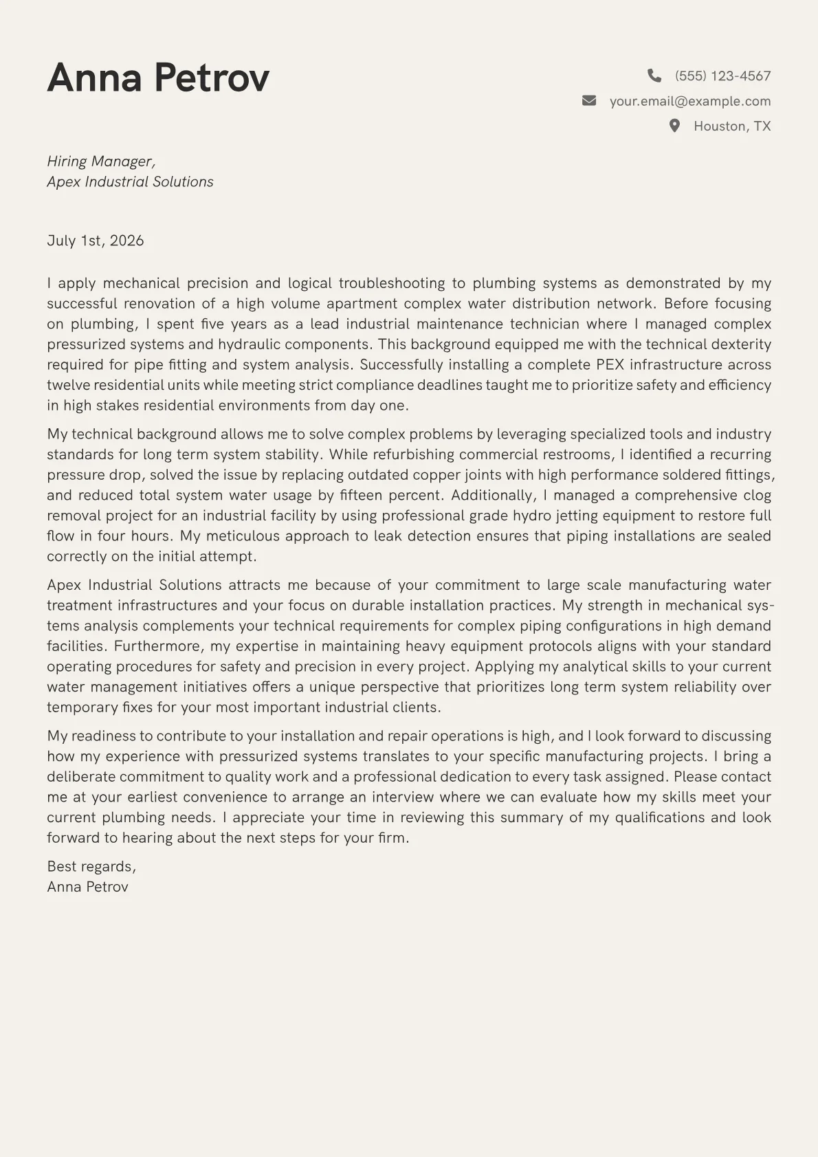 Plumbing cover letter in the Creative design