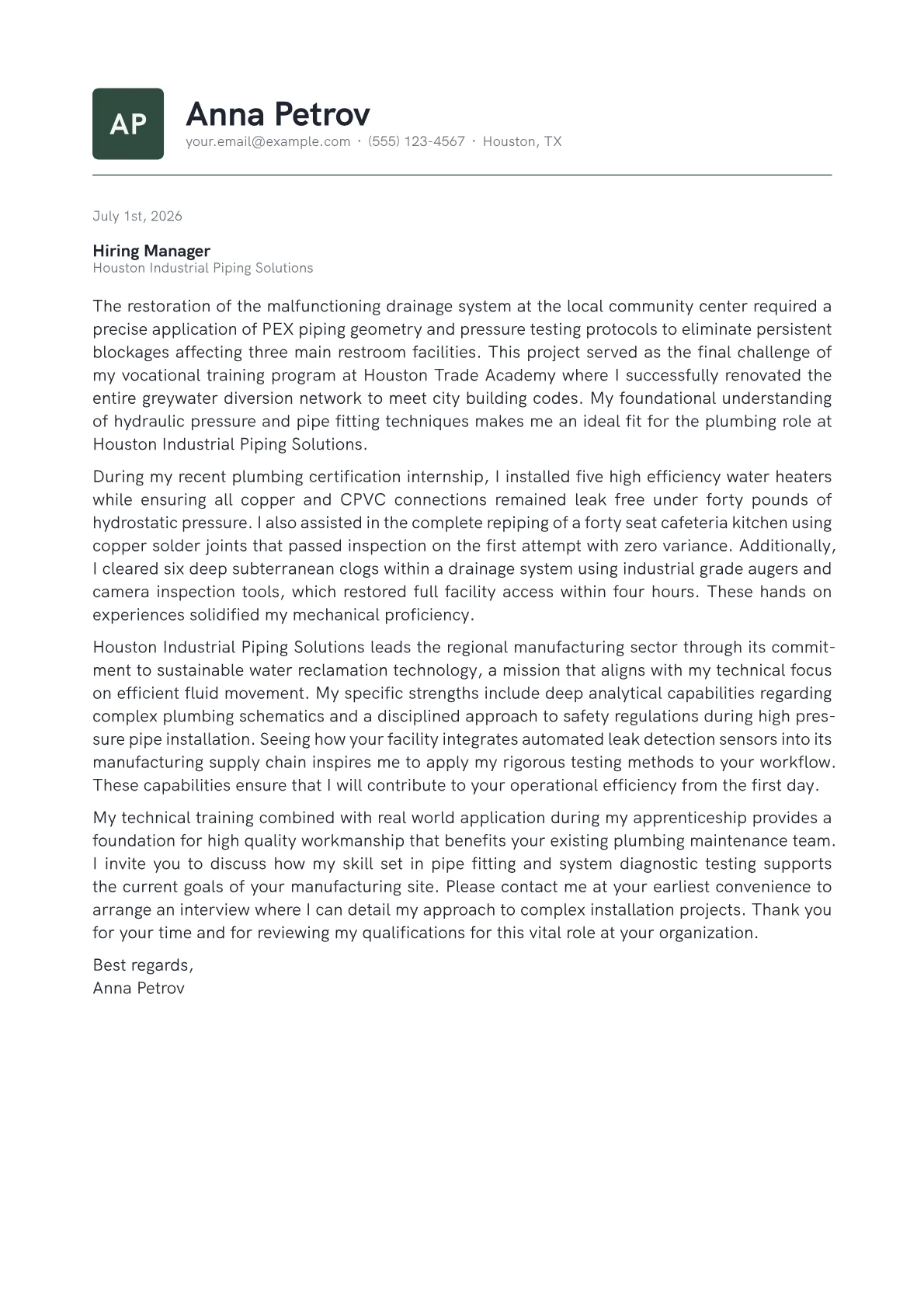 Plumbing cover letter in the Emblem design