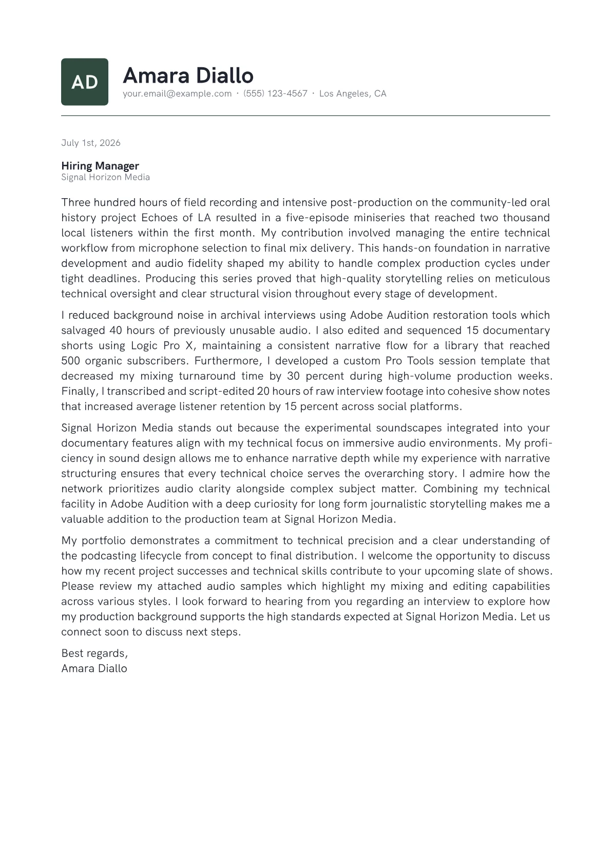 Podcast Producer cover letter in the Emblem design