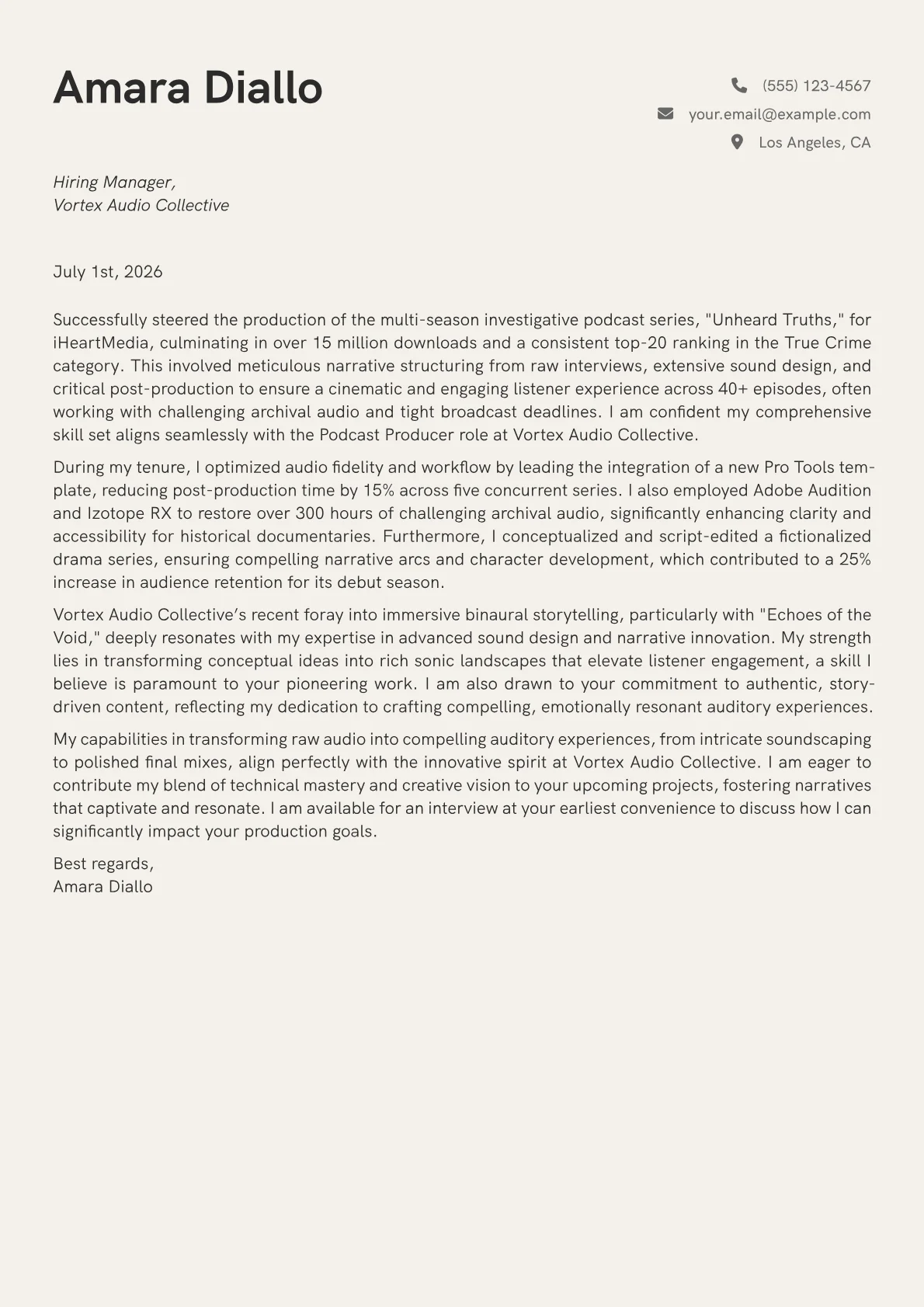 Podcast Producer cover letter formatted with a JobSprout template