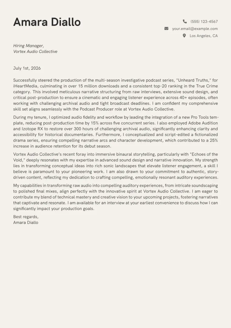 Podcast Producer cover letter example preview
