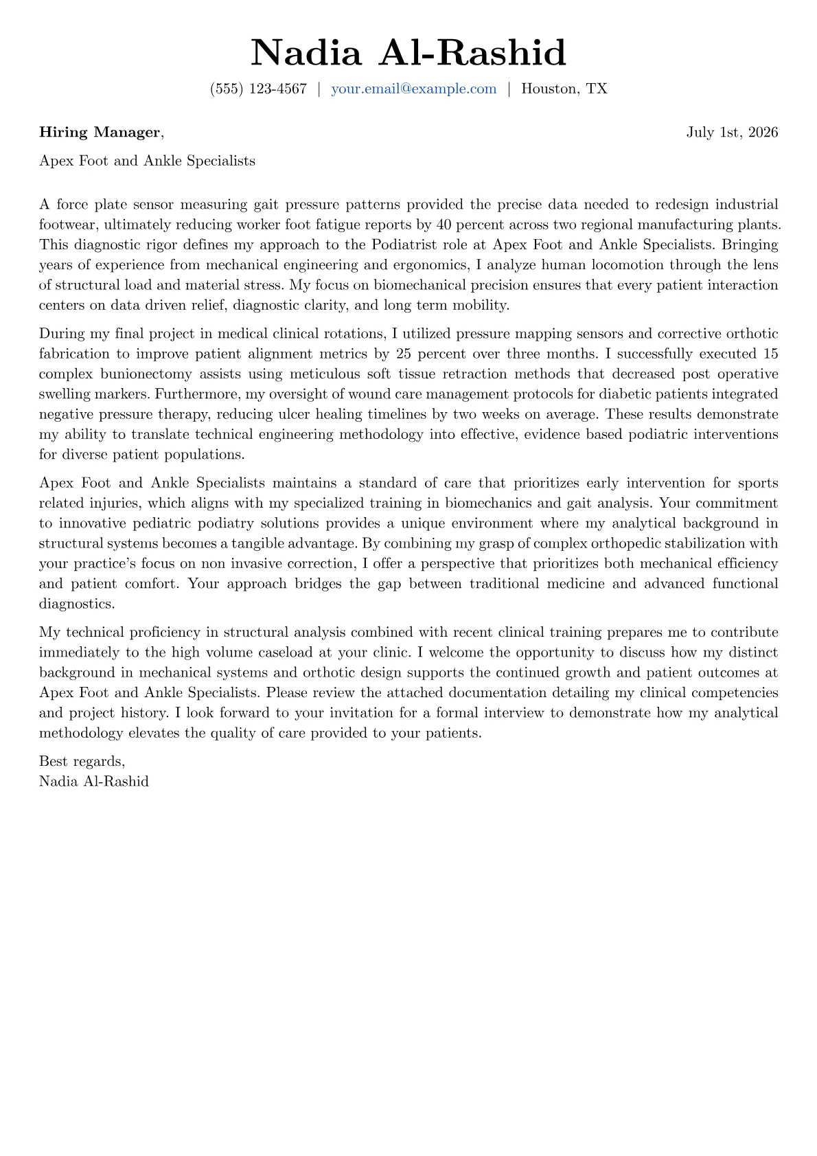 Podiatrist cover letter in the Basic design