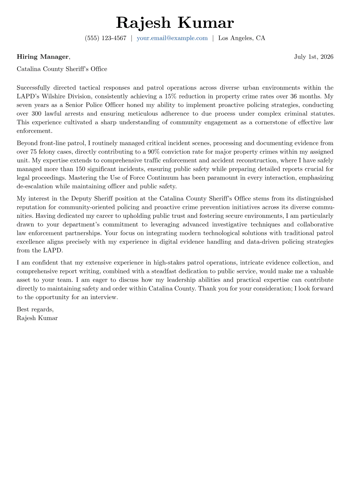 Police cover letter formatted with a JobSprout template