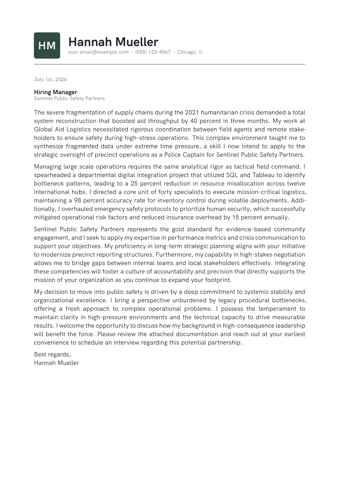 Police Captain cover letter in the Emblem design