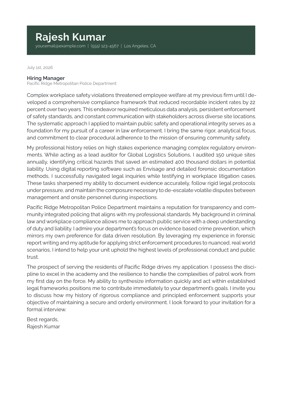 Police cover letter in the Banner design