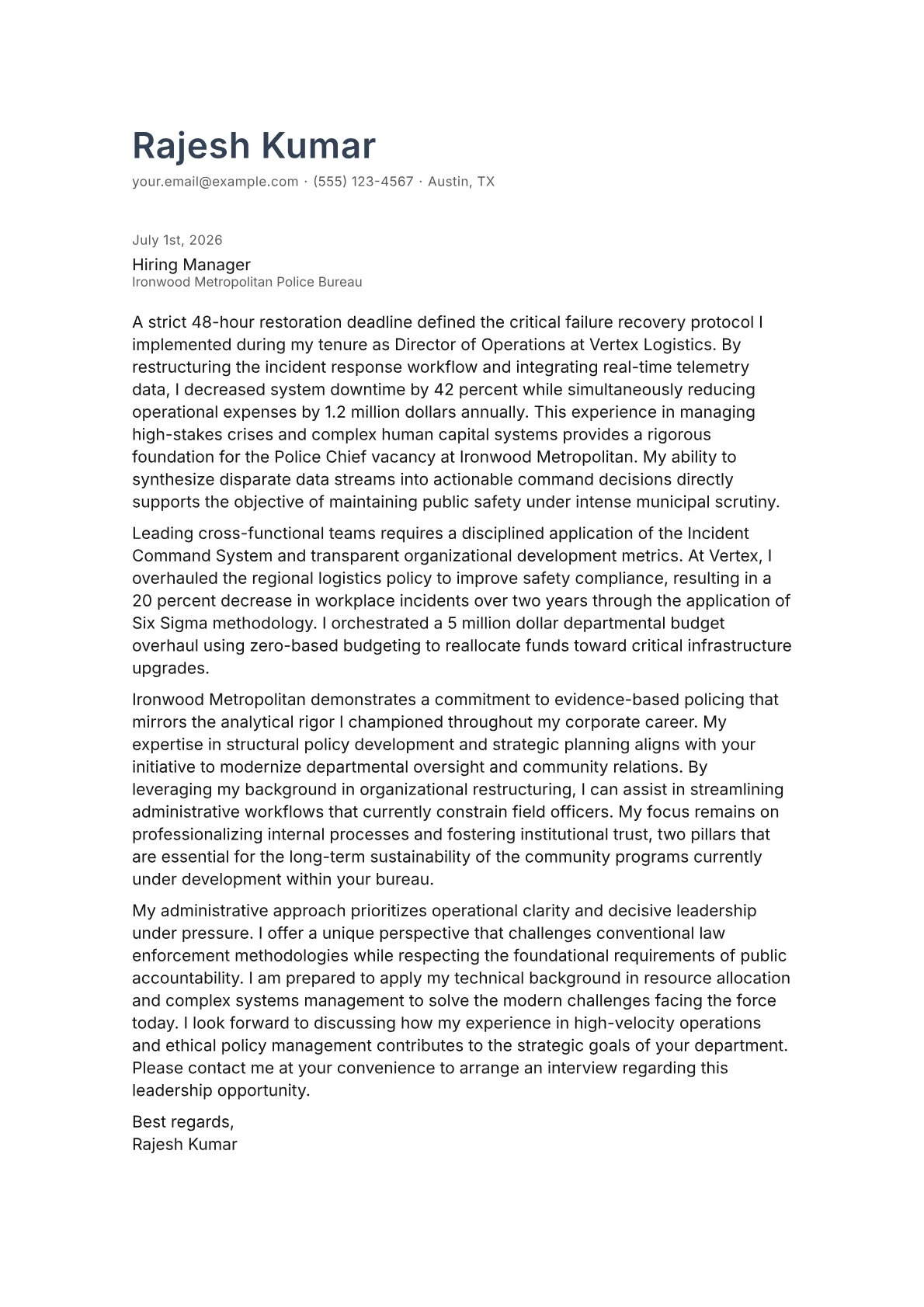 Police Chief cover letter in the Minimal design