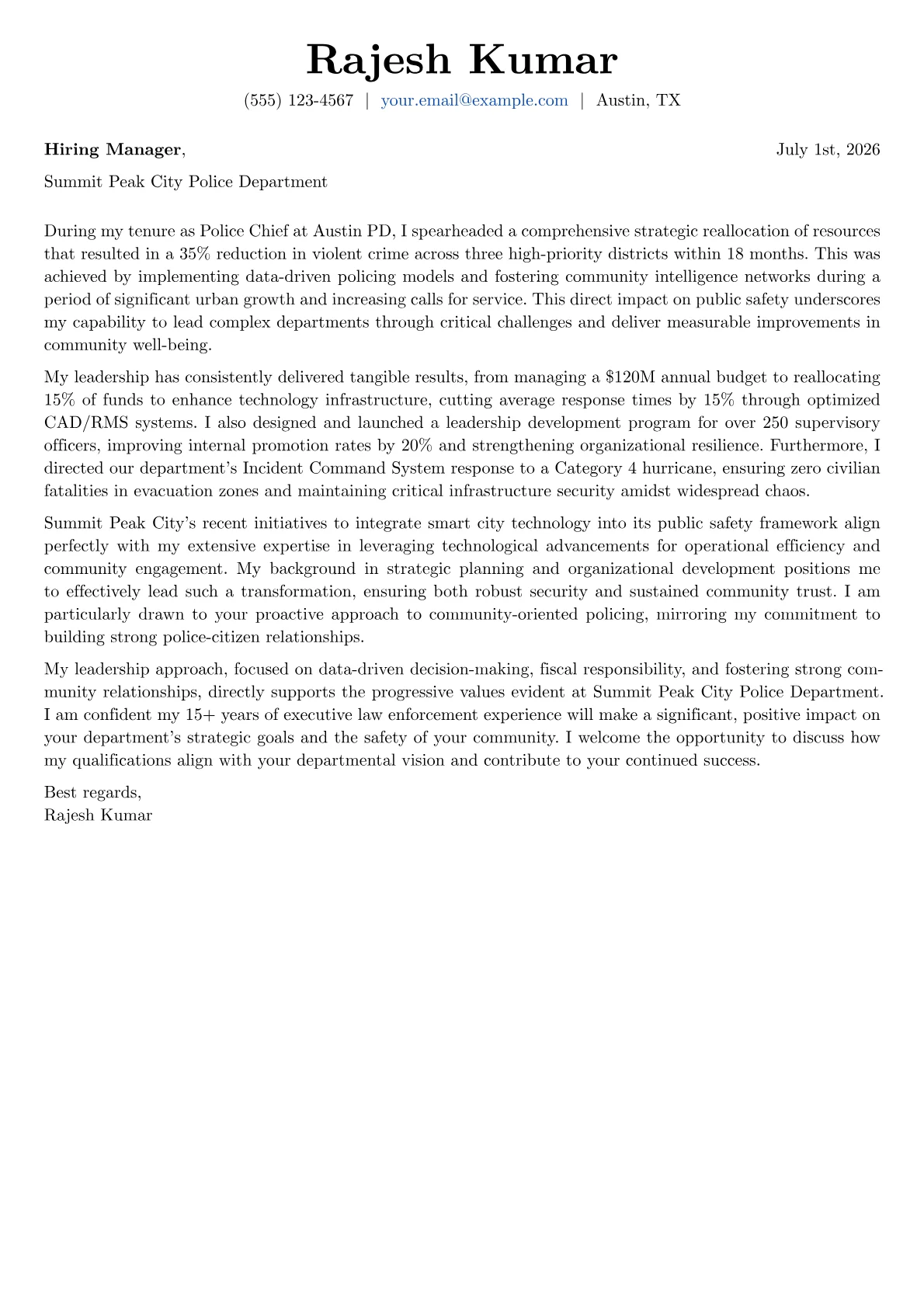Police Chief cover letter formatted with a JobSprout template