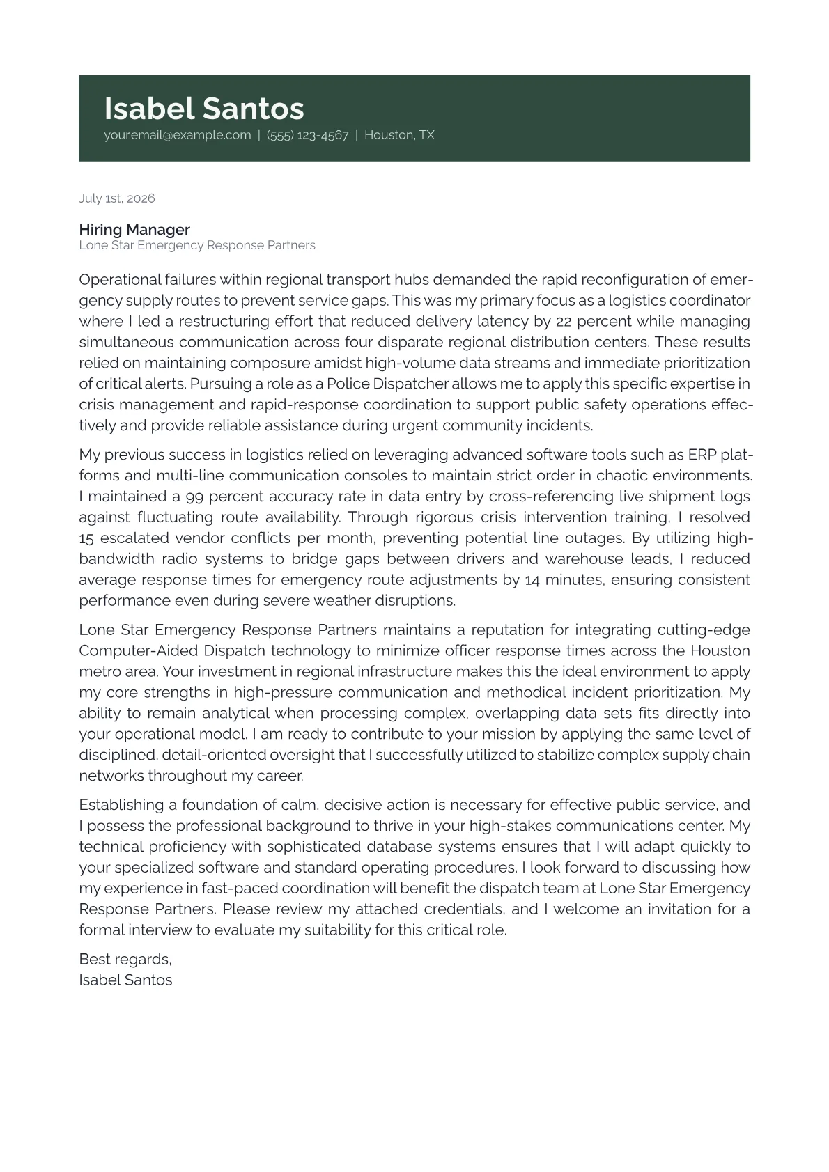 Police Dispatcher cover letter in the Banner design