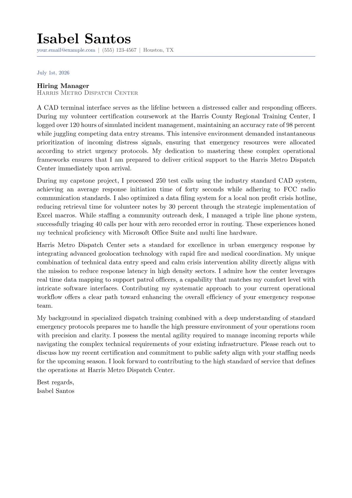 Police Dispatcher cover letter in the Classic design