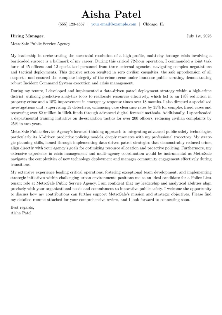 Police Lieutenant cover letter example preview
