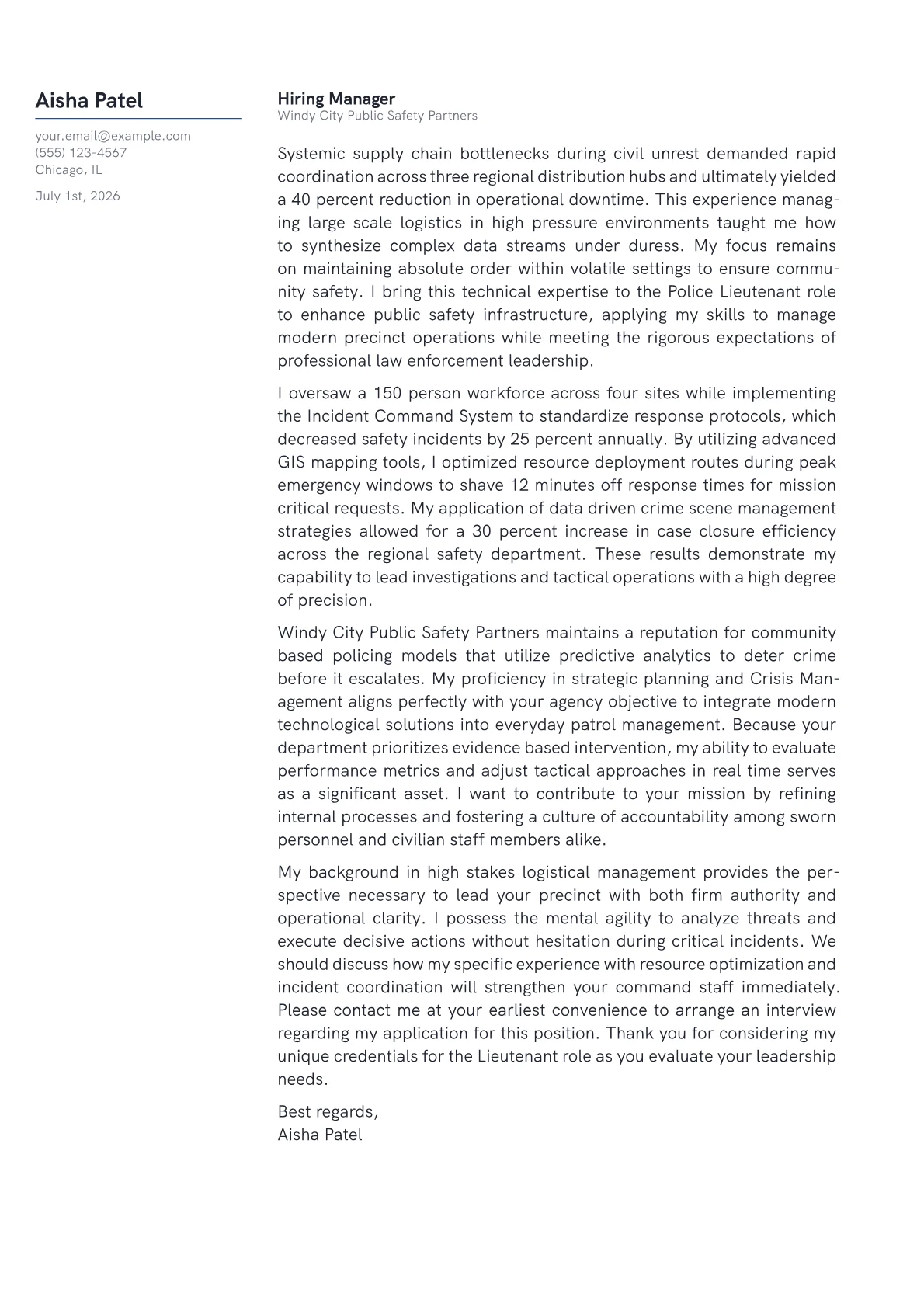 Police Lieutenant cover letter in the Margin design