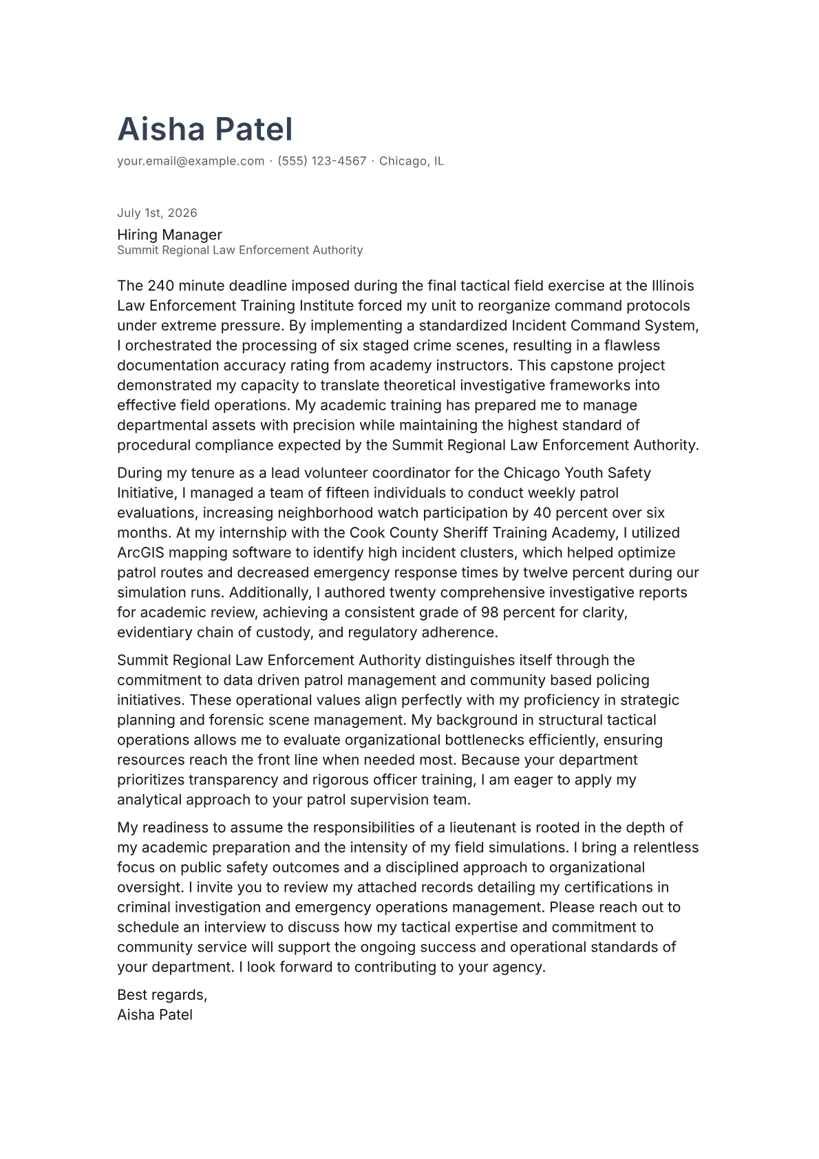 Police Lieutenant cover letter in the Minimal design