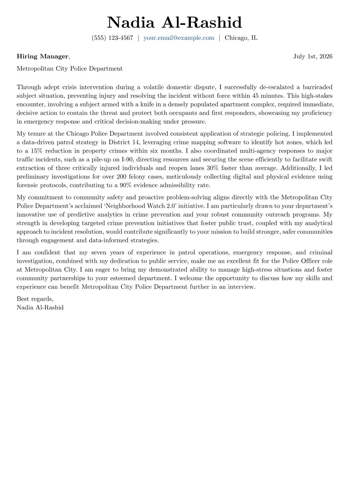 Police Officer cover letter formatted with a JobSprout template