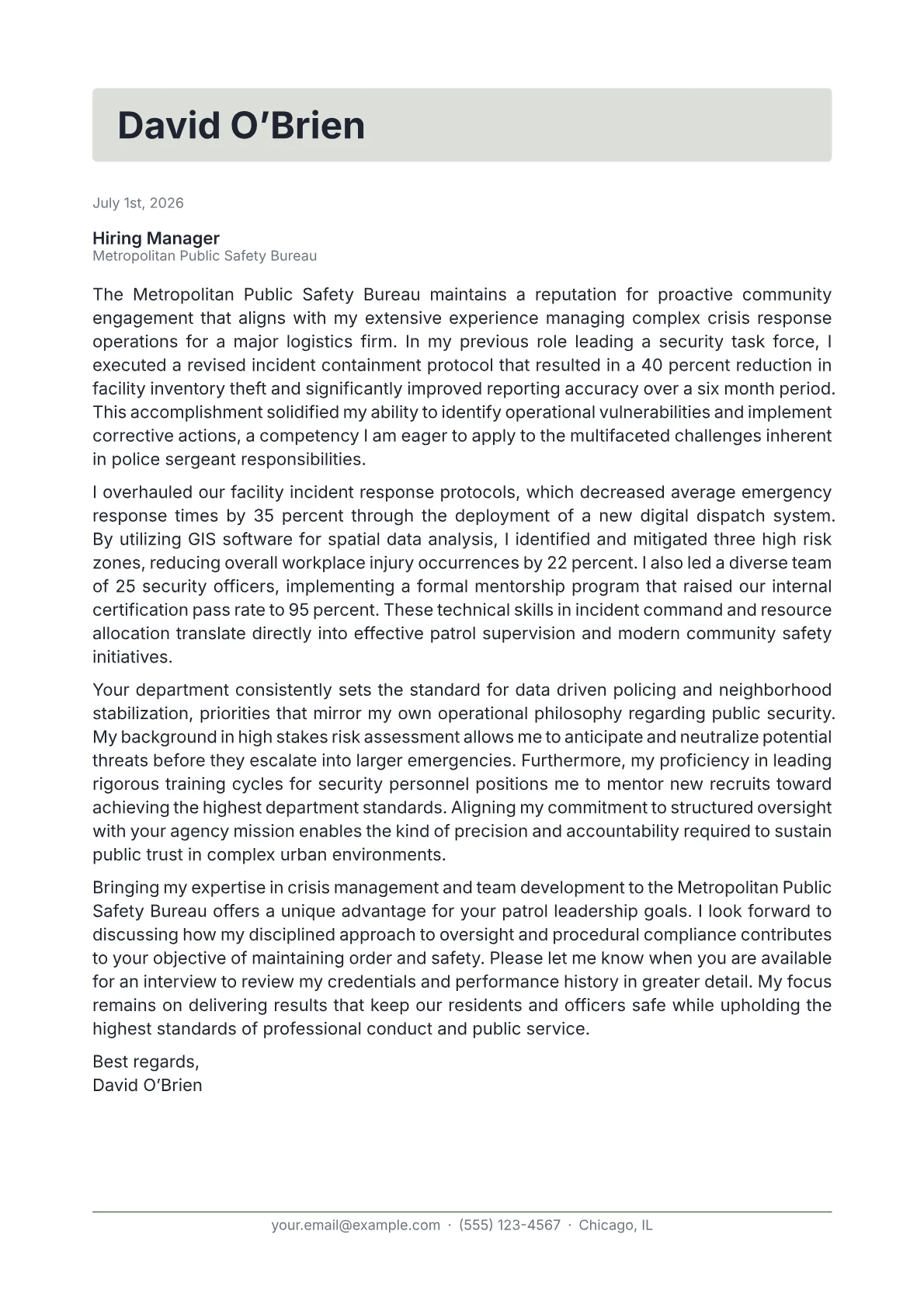 Police Sergeant cover letter in the Letterhead design