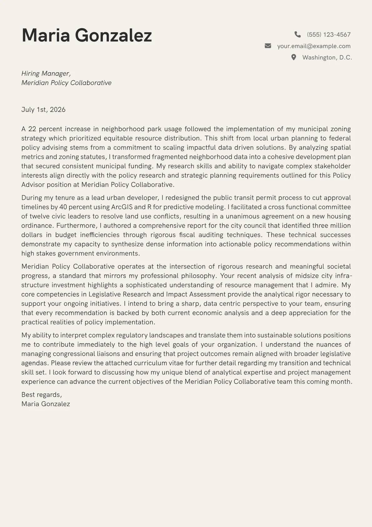 Policy Advisor cover letter in the Creative design