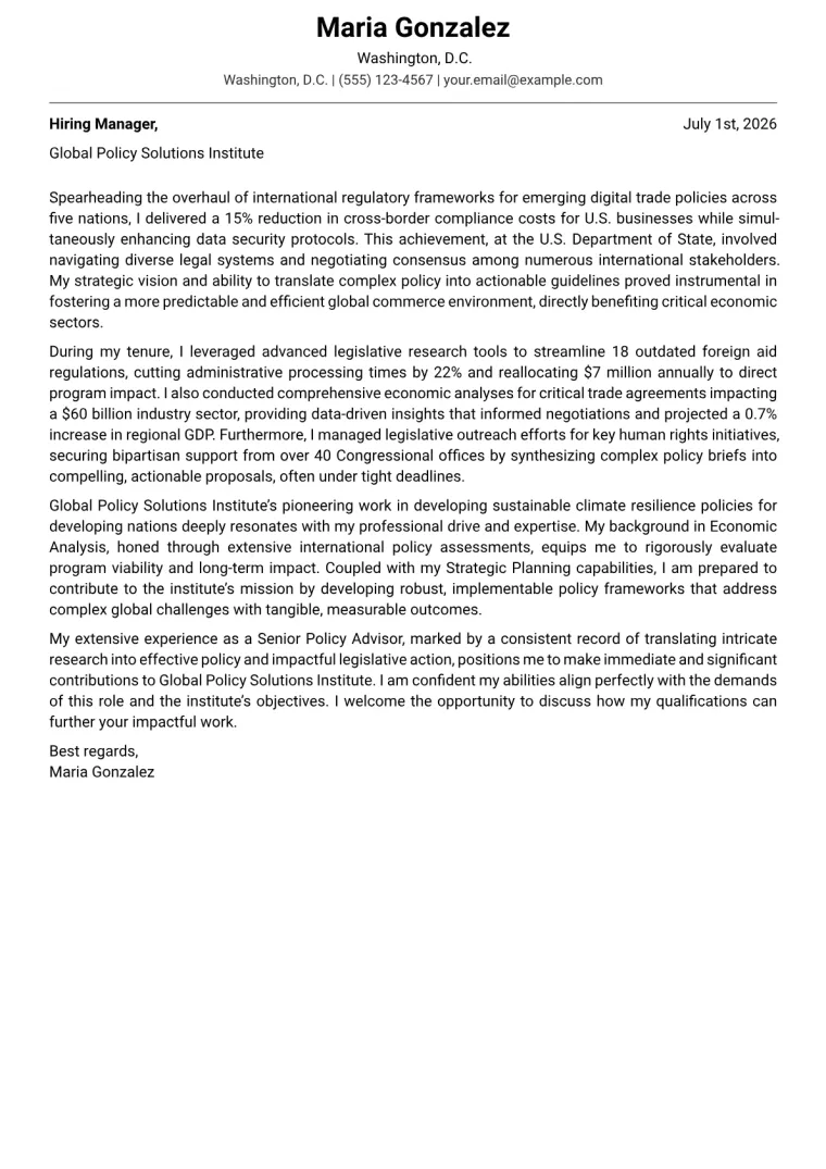 Policy Advisor Cover Letter Example