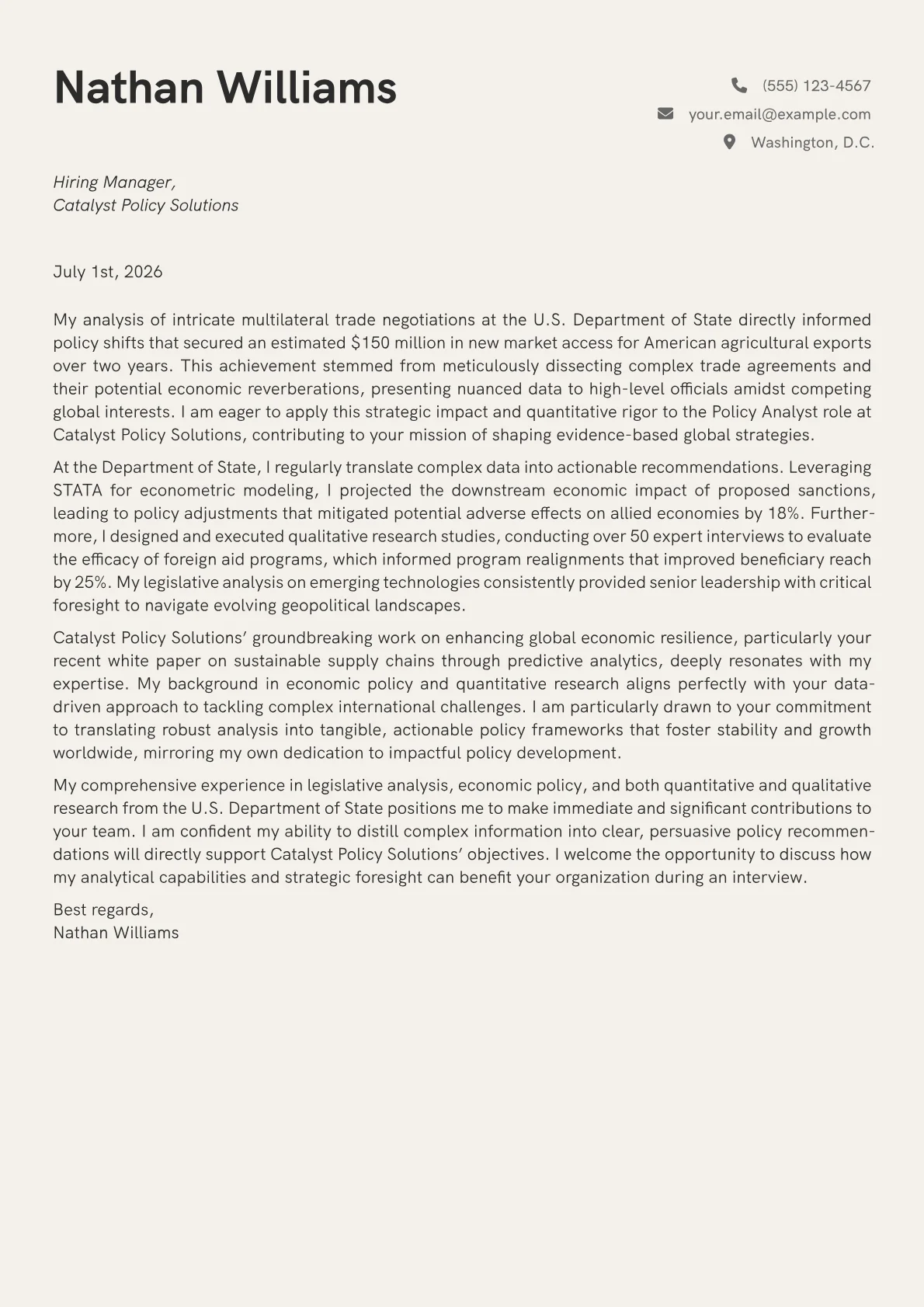 Policy Analyst cover letter formatted with a JobSprout template