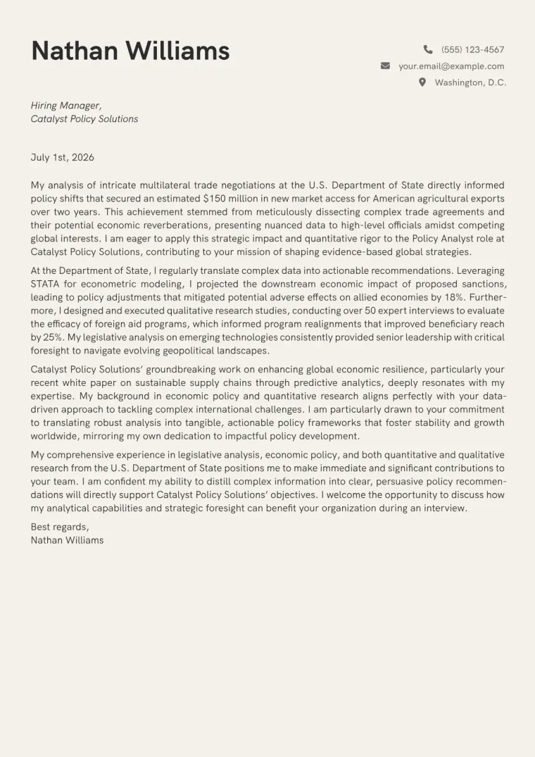 Policy Analyst Cover Letter Example