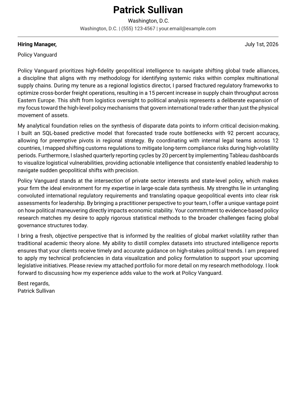 Political Analyst cover letter in the Modern design