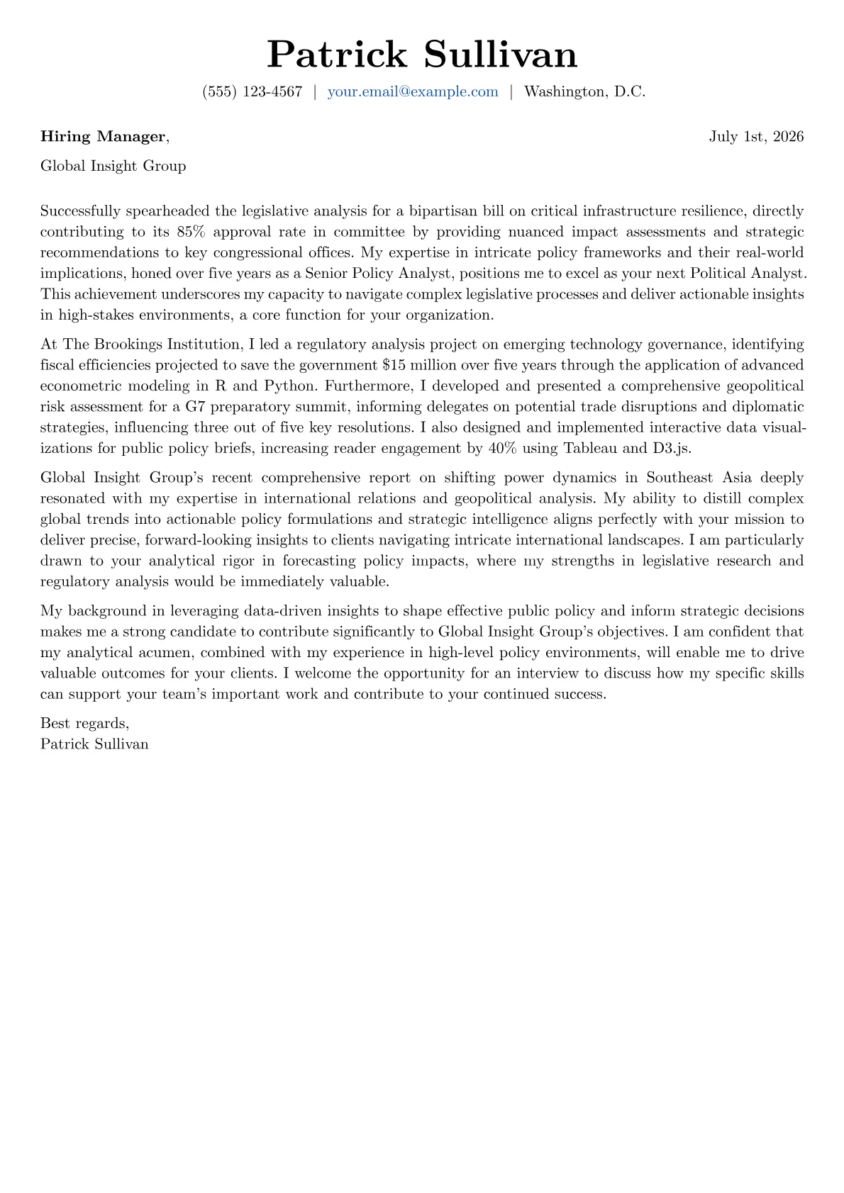 Political Analyst cover letter formatted with a JobSprout template